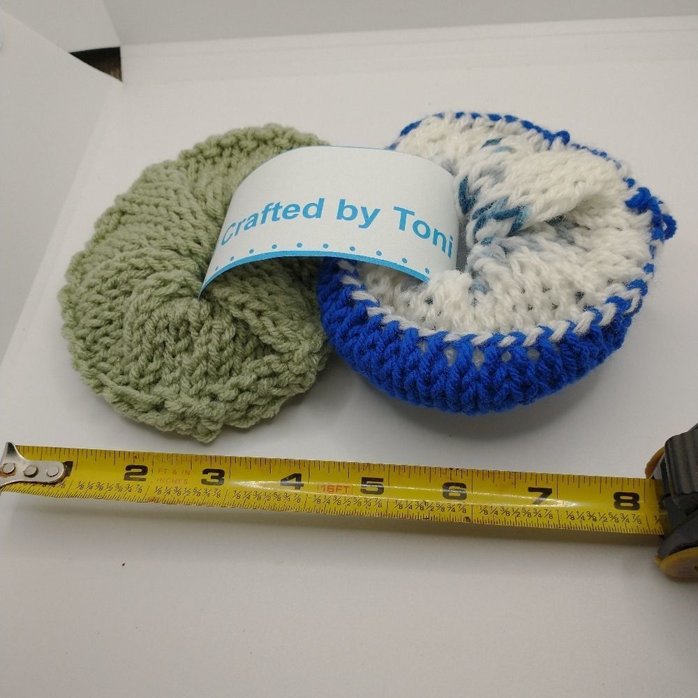 Hand Crafted Knit Scrunchies Blue Green Jumbo Hair Band Accessory Set of 2